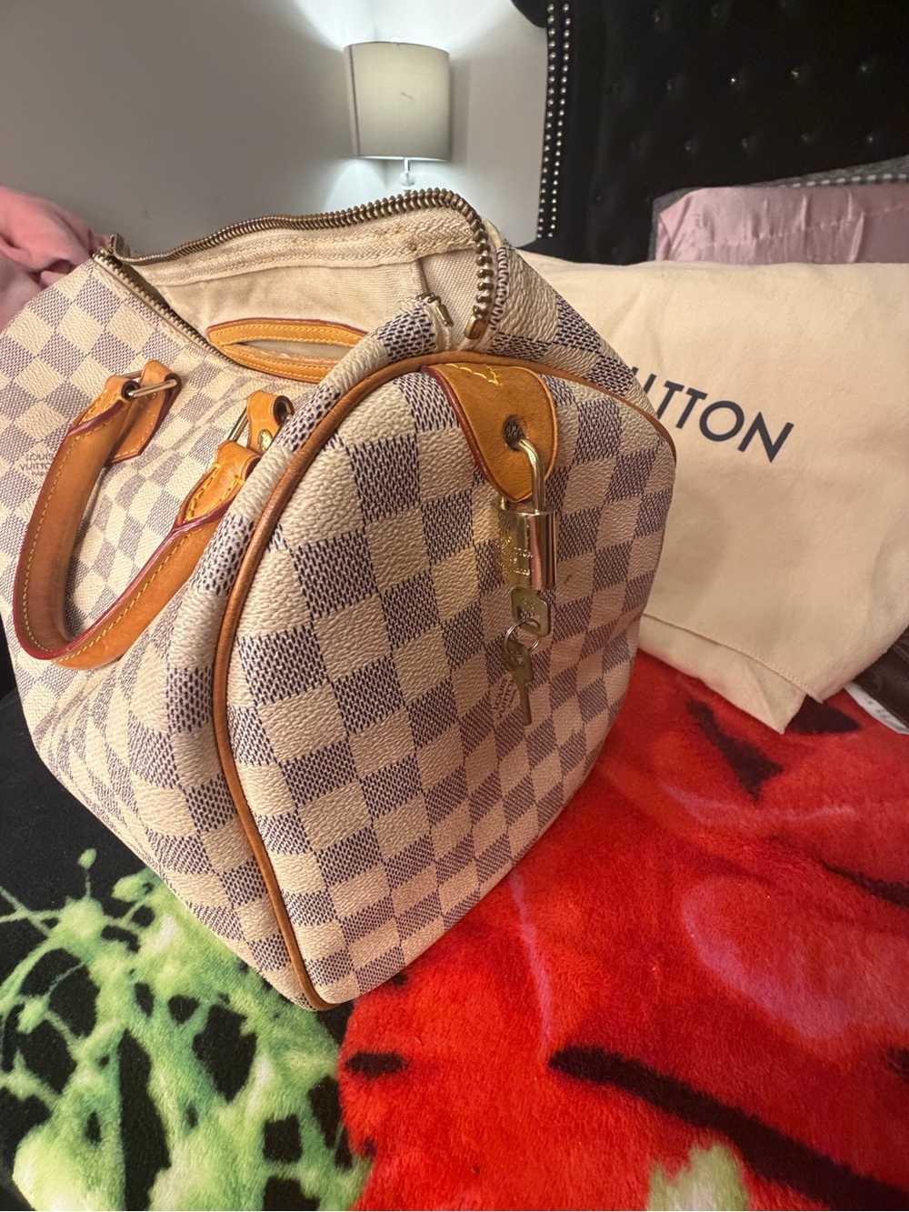 Louis Vuitton Damier Azur Travel Satchel with Tan Leather Trim
